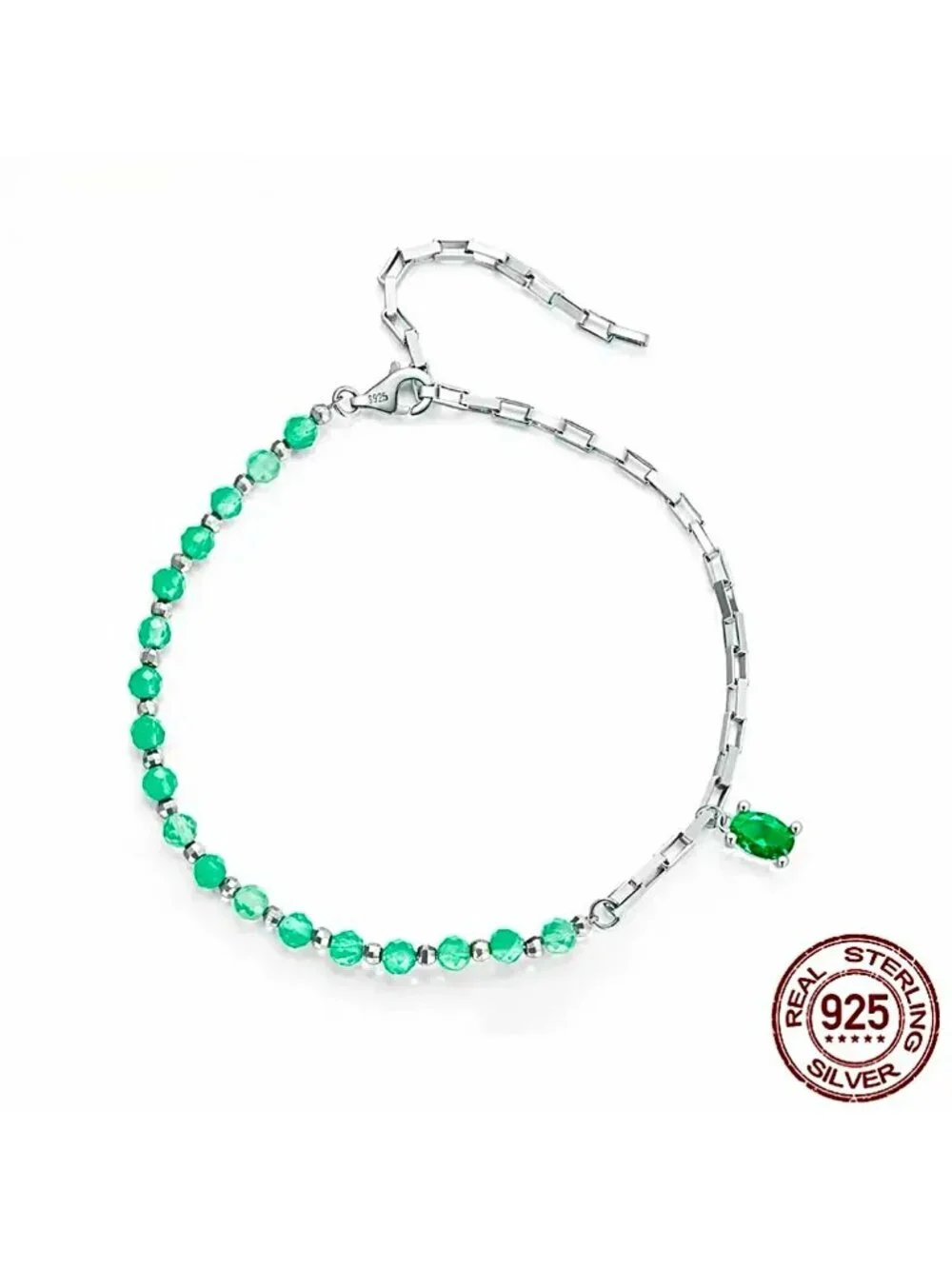 New Gem Charm Bracelet S925 Sterling Silver Green Crystal Beads Boxy Chain